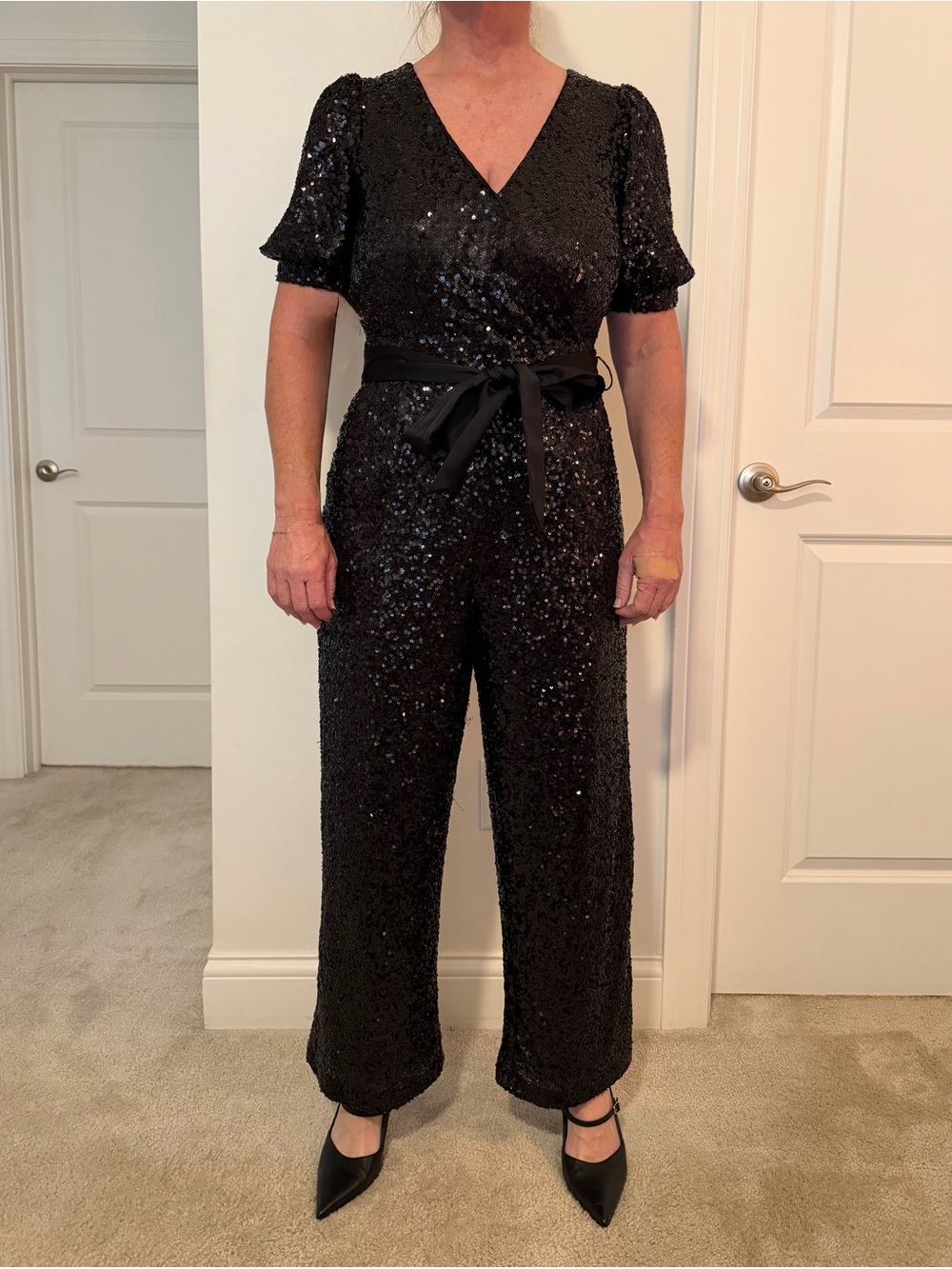 LOFT Black Sequin V-Neck Short Sleeve Jumpsuit with Satin Waist Tie